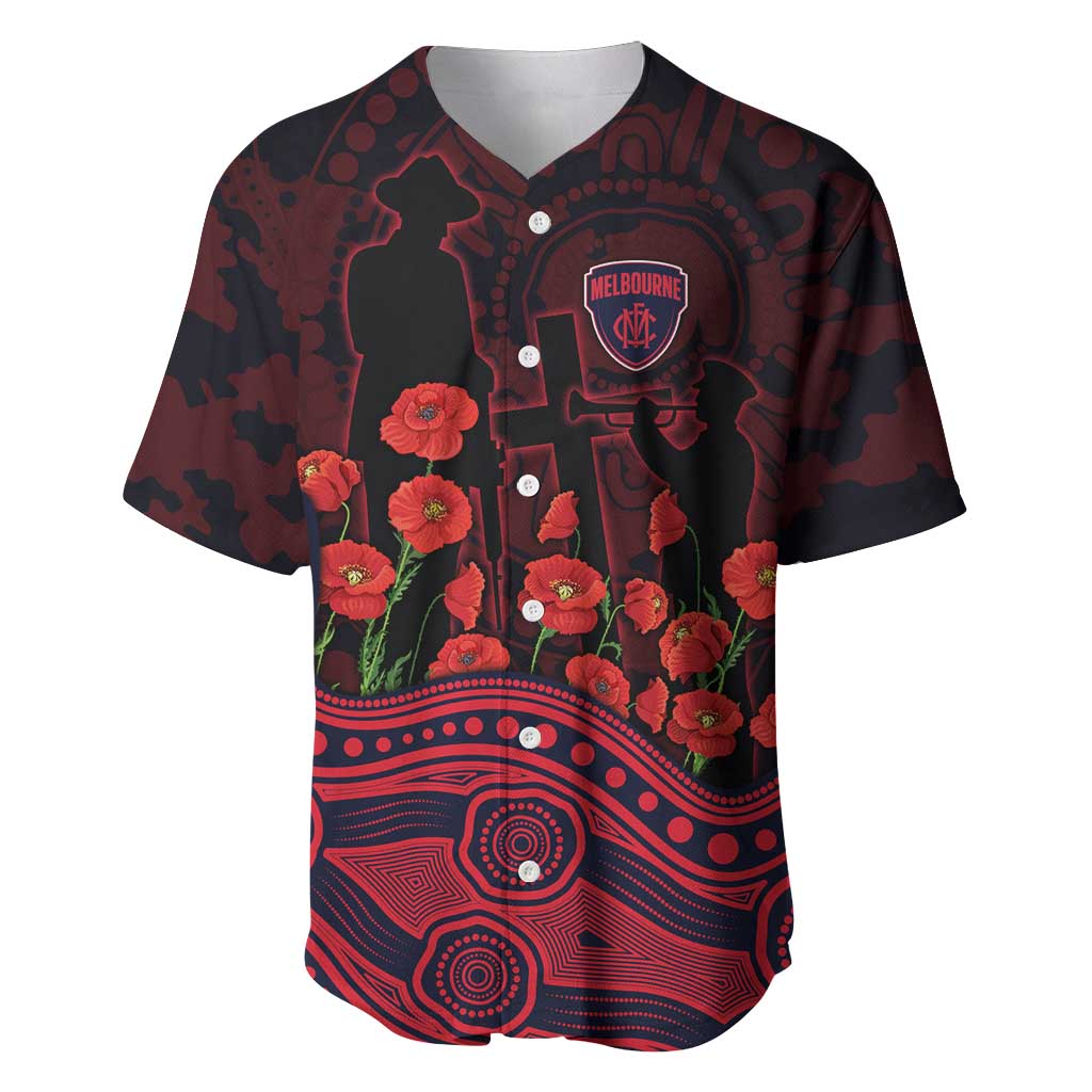 Melbourne Demons ANZAC Day Baseball Jersey Indigenous Dot Art with Poppy Flower Tribute