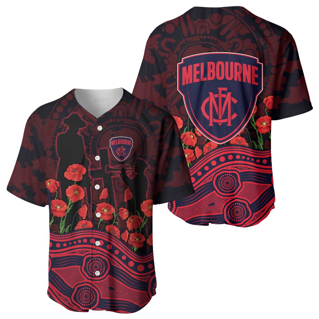 Melbourne Demons ANZAC Day Baseball Jersey Indigenous Dot Art with Poppy Flower Tribute