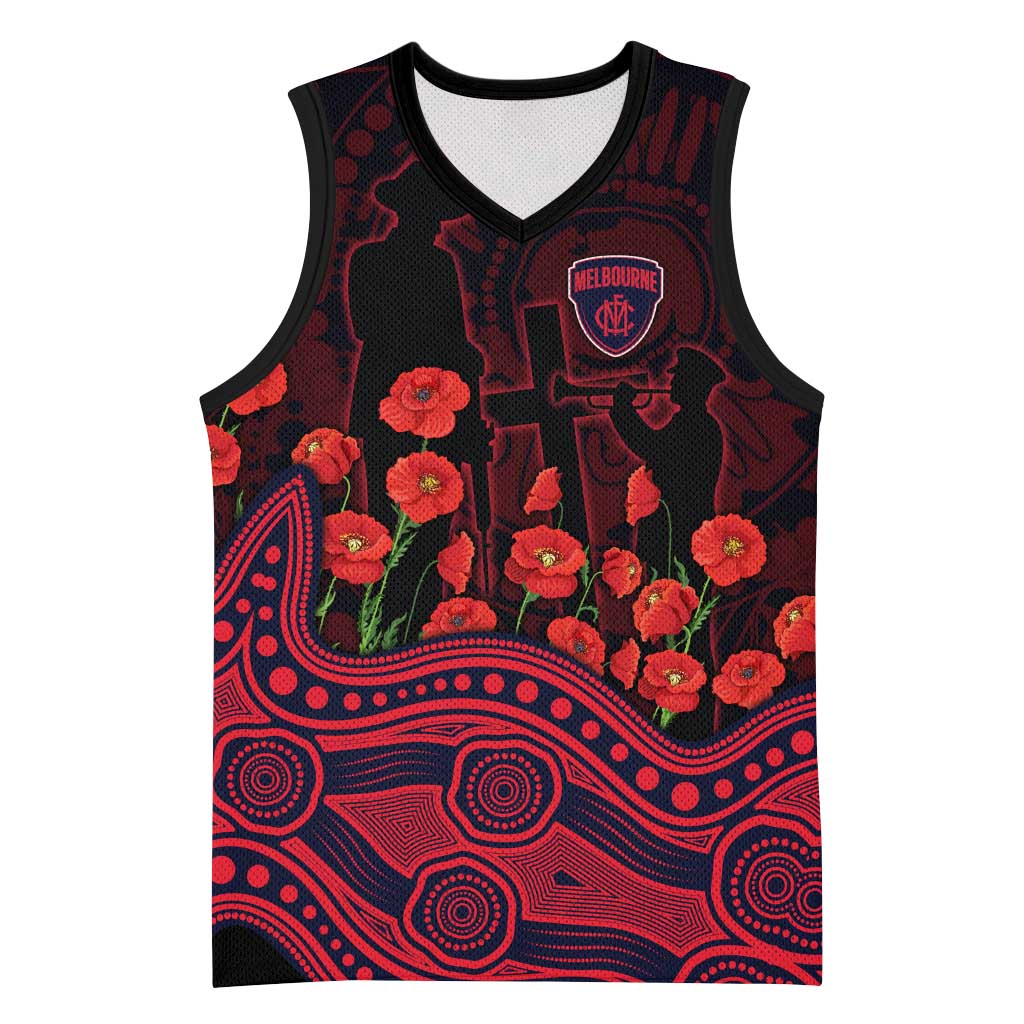 Melbourne Demons ANZAC Day Basketball Jersey Indigenous Dot Art with Poppy Flower Tribute