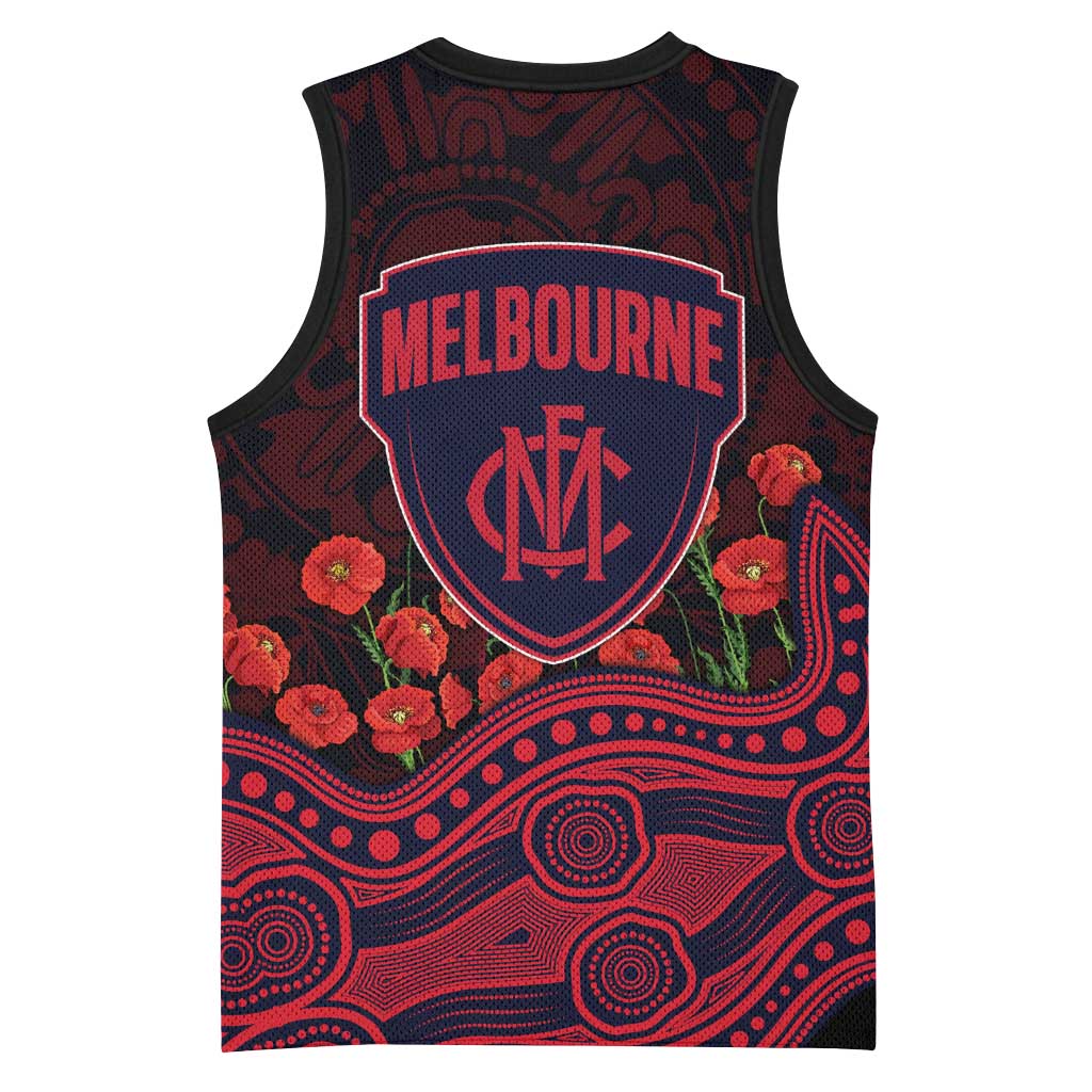 Melbourne Demons ANZAC Day Basketball Jersey Indigenous Dot Art with Poppy Flower Tribute