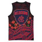 Melbourne Demons ANZAC Day Basketball Jersey Indigenous Dot Art with Poppy Flower Tribute