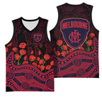 Melbourne Demons ANZAC Day Basketball Jersey Indigenous Dot Art with Poppy Flower Tribute