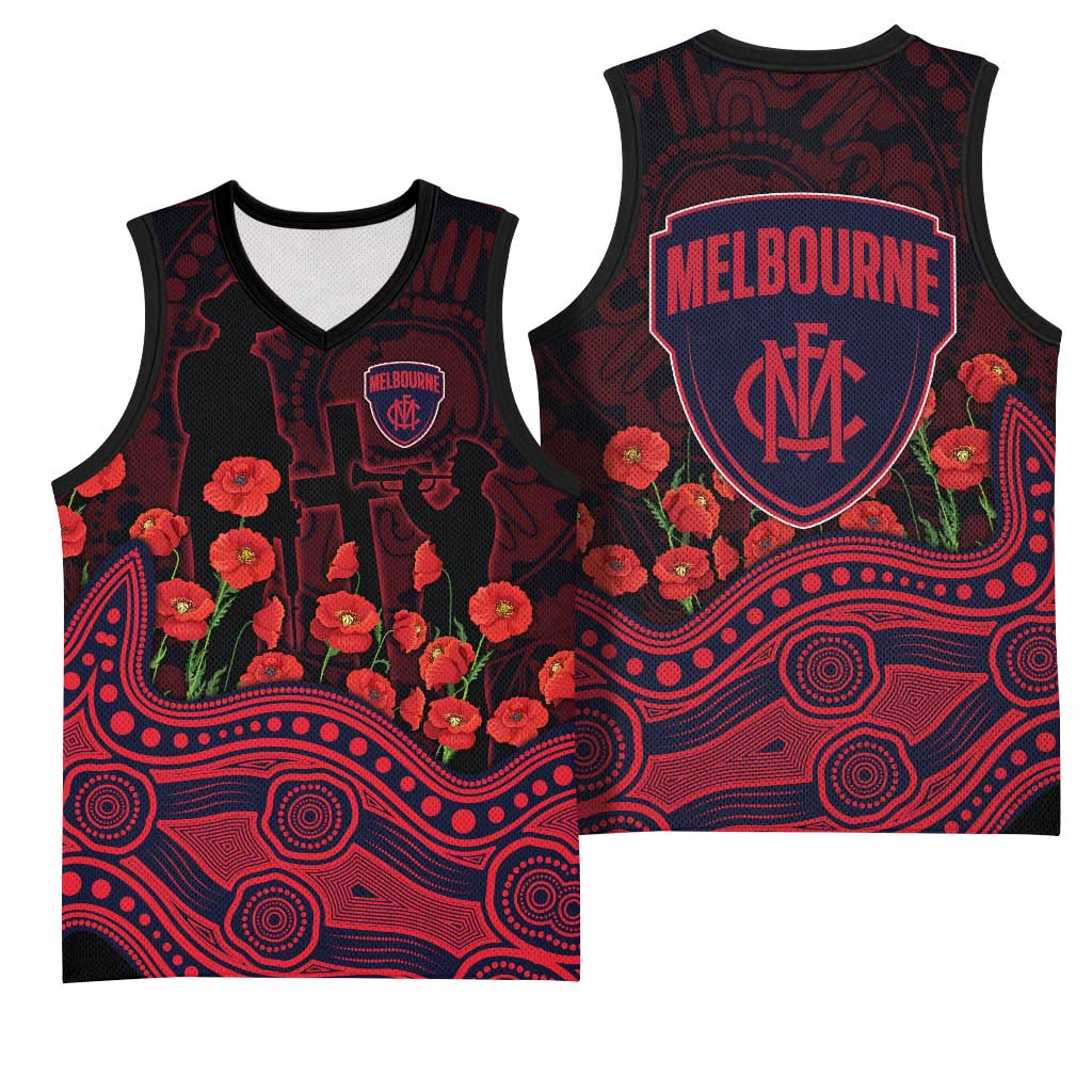 Melbourne Demons ANZAC Day Basketball Jersey Indigenous Dot Art with Poppy Flower Tribute