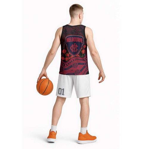 Melbourne Demons ANZAC Day Basketball Jersey Indigenous Dot Art with Poppy Flower Tribute