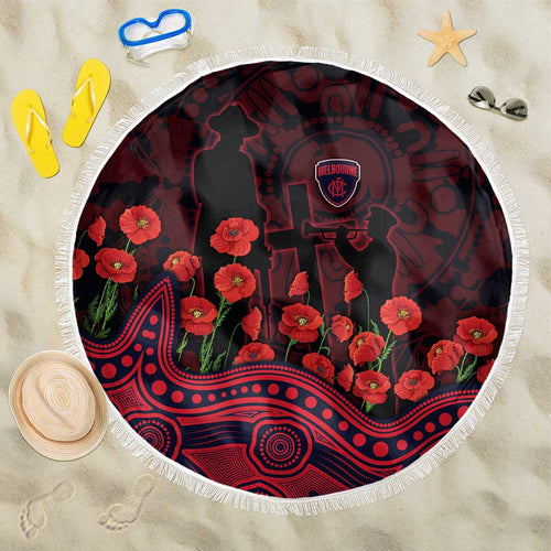Melbourne Demons ANZAC Day Beach Blanket Indigenous Dot Art with Poppy Flower Tribute