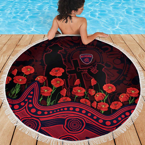 Melbourne Demons ANZAC Day Beach Blanket Indigenous Dot Art with Poppy Flower Tribute