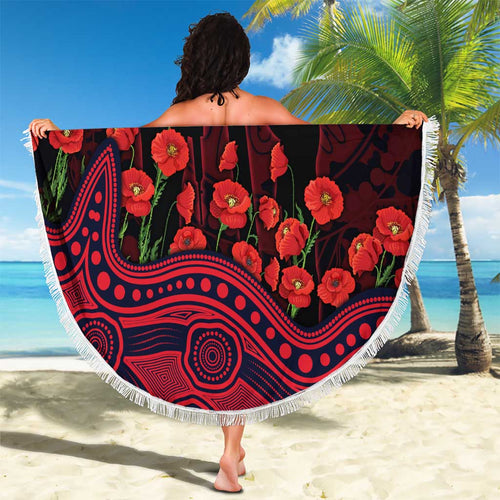 Melbourne Demons ANZAC Day Beach Blanket Indigenous Dot Art with Poppy Flower Tribute