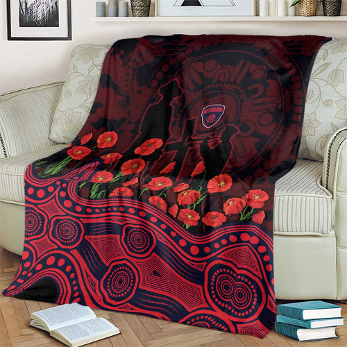 Melbourne Demons ANZAC Day Blanket Indigenous Dot Art with Poppy Flower Tribute