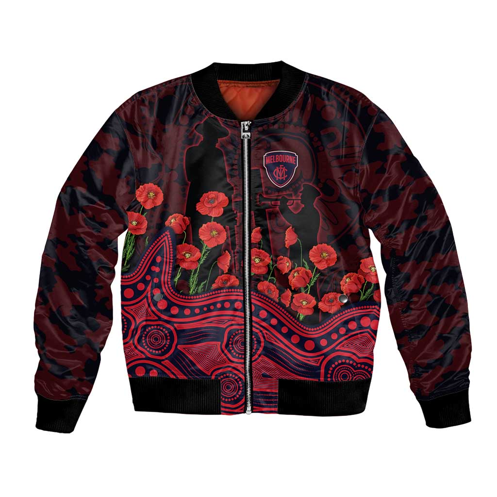 Melbourne Demons ANZAC Day Bomber Jacket Indigenous Dot Art with Poppy Flower Tribute