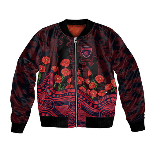 Melbourne Demons ANZAC Day Bomber Jacket Indigenous Dot Art with Poppy Flower Tribute