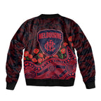 Melbourne Demons ANZAC Day Bomber Jacket Indigenous Dot Art with Poppy Flower Tribute