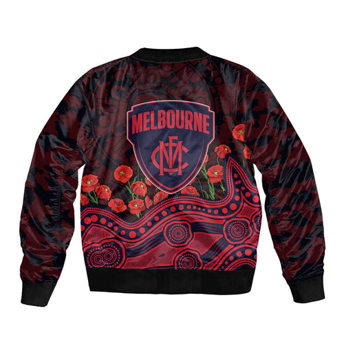 Melbourne Demons ANZAC Day Bomber Jacket Indigenous Dot Art with Poppy Flower Tribute