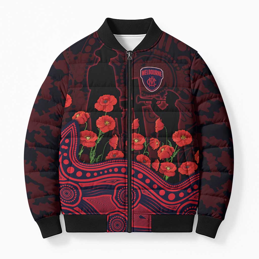 Melbourne Demons ANZAC Day Bomber Puffer Jacket Indigenous Dot Art with Poppy Flower Tribute
