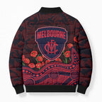 Melbourne Demons ANZAC Day Bomber Puffer Jacket Indigenous Dot Art with Poppy Flower Tribute