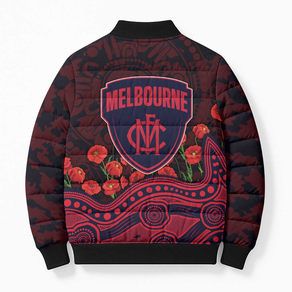 Melbourne Demons ANZAC Day Bomber Puffer Jacket Indigenous Dot Art with Poppy Flower Tribute