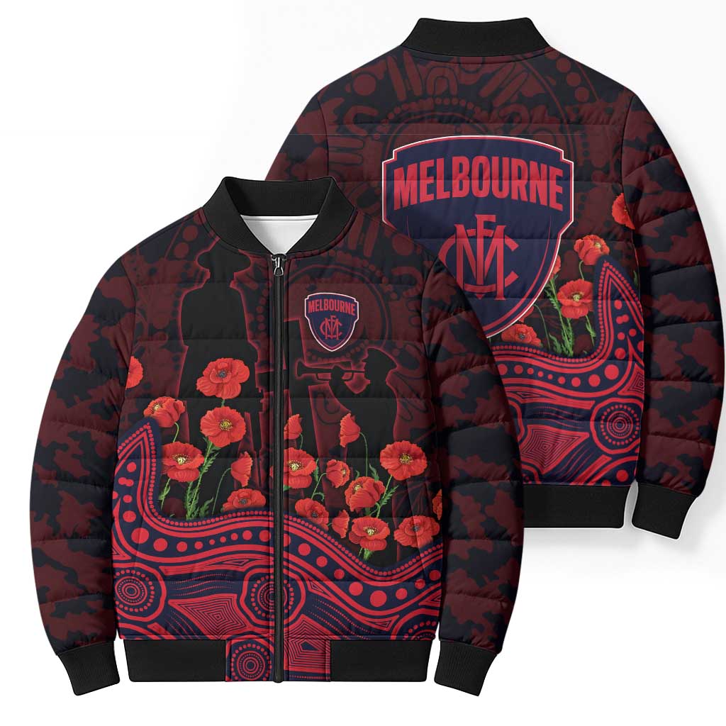 Melbourne Demons ANZAC Day Bomber Puffer Jacket Indigenous Dot Art with Poppy Flower Tribute