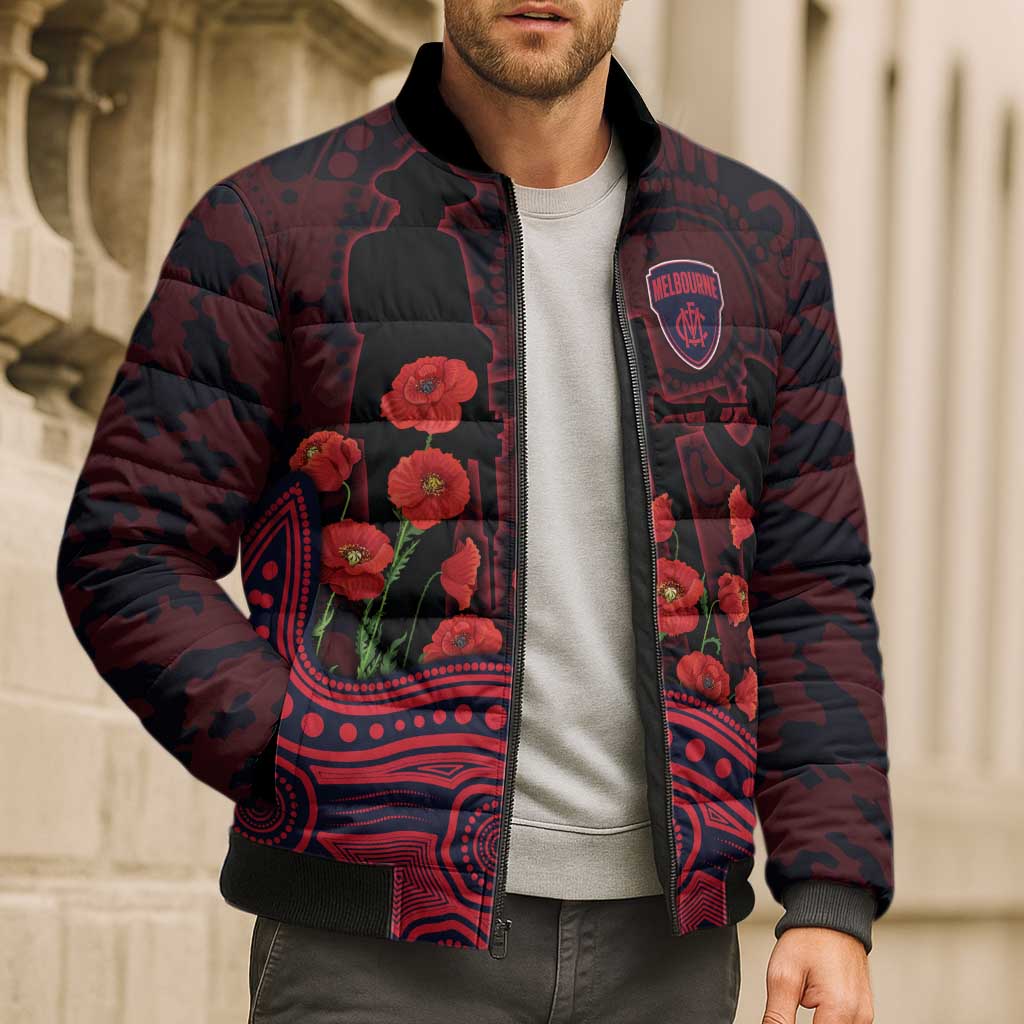 Melbourne Demons ANZAC Day Bomber Puffer Jacket Indigenous Dot Art with Poppy Flower Tribute