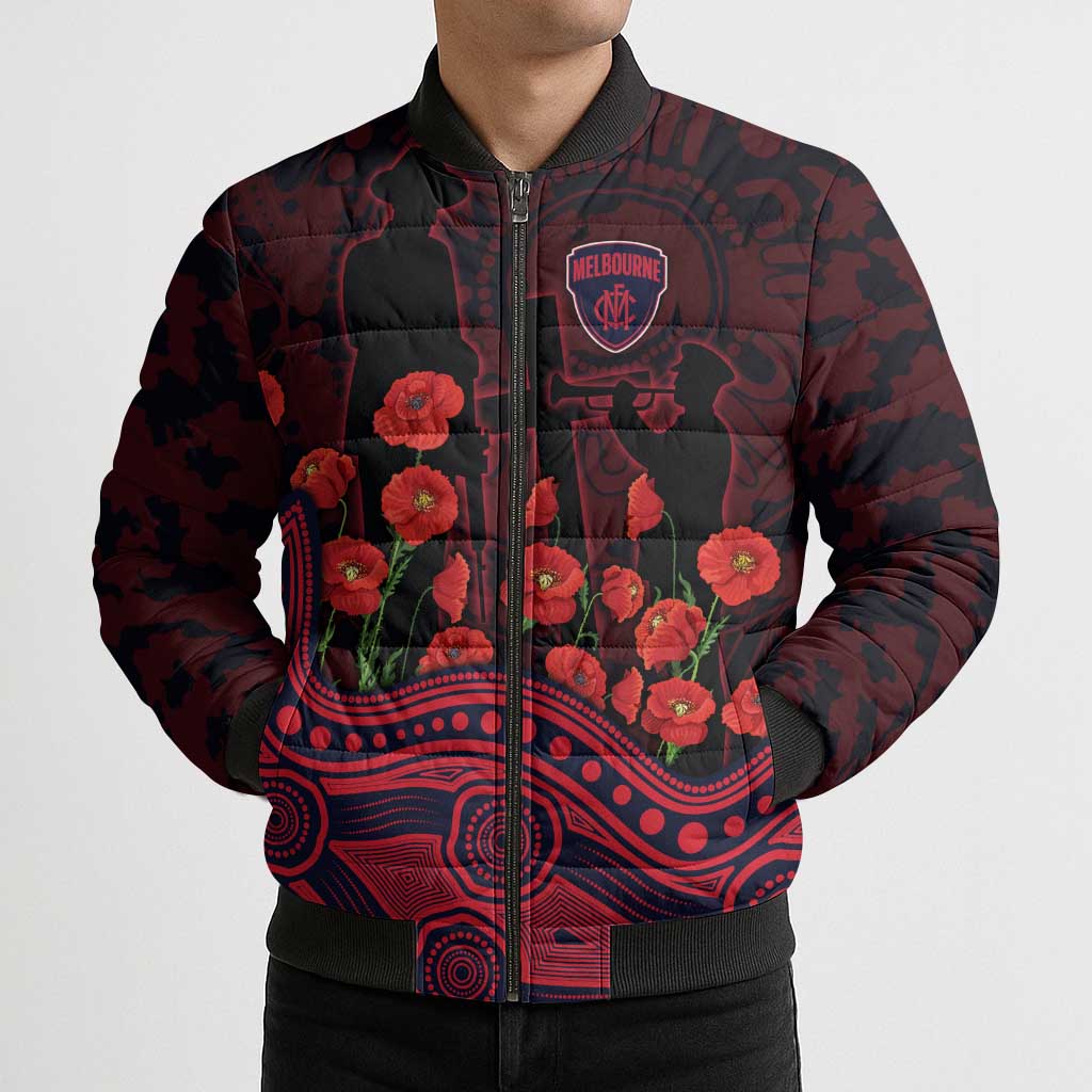 Melbourne Demons ANZAC Day Bomber Puffer Jacket Indigenous Dot Art with Poppy Flower Tribute