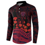 Melbourne Demons ANZAC Day Button Sweatshirt Indigenous Dot Art with Poppy Flower Tribute