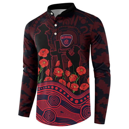 Melbourne Demons ANZAC Day Button Sweatshirt Indigenous Dot Art with Poppy Flower Tribute