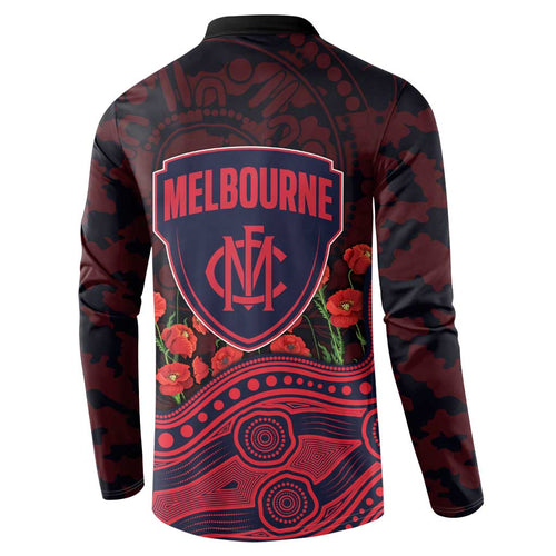 Melbourne Demons ANZAC Day Button Sweatshirt Indigenous Dot Art with Poppy Flower Tribute
