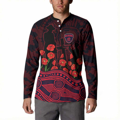 Melbourne Demons ANZAC Day Button Sweatshirt Indigenous Dot Art with Poppy Flower Tribute
