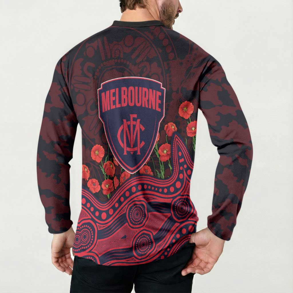Melbourne Demons ANZAC Day Button Sweatshirt Indigenous Dot Art with Poppy Flower Tribute