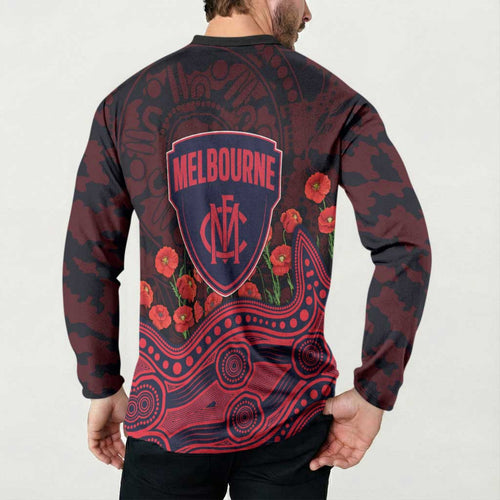 Melbourne Demons ANZAC Day Button Sweatshirt Indigenous Dot Art with Poppy Flower Tribute