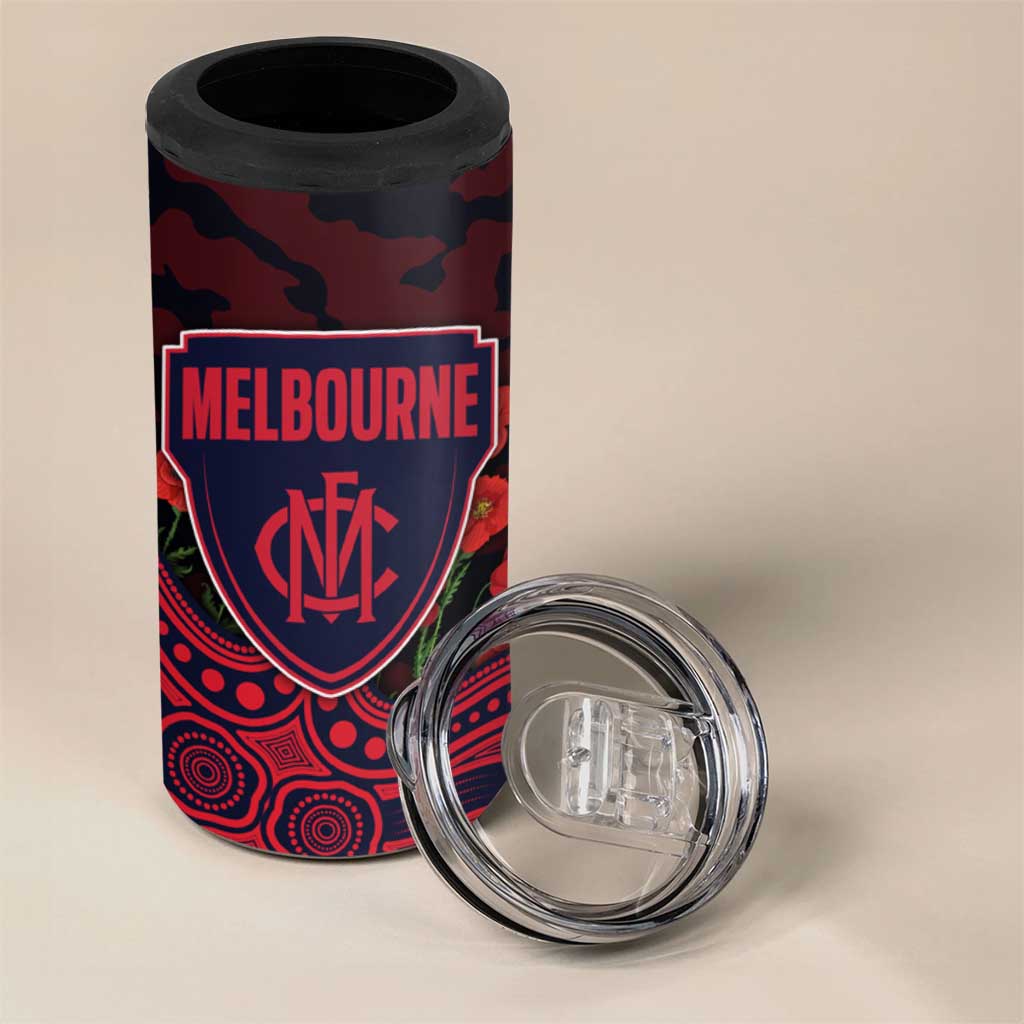 Melbourne Demons ANZAC Day 4 in 1 Can Cooler Tumbler Indigenous Dot Art with Poppy Flower Tribute
