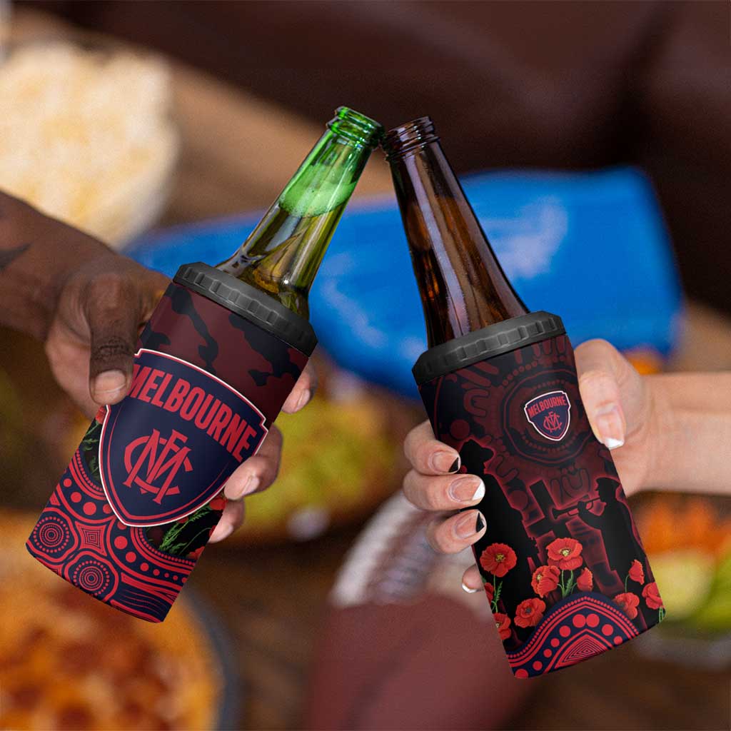 Melbourne Demons ANZAC Day 4 in 1 Can Cooler Tumbler Indigenous Dot Art with Poppy Flower Tribute