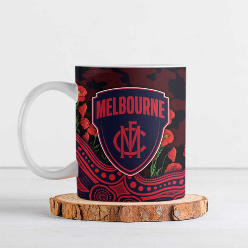 Melbourne Demons ANZAC Day Ceramic Mug Indigenous Dot Art with Poppy Flower Tribute