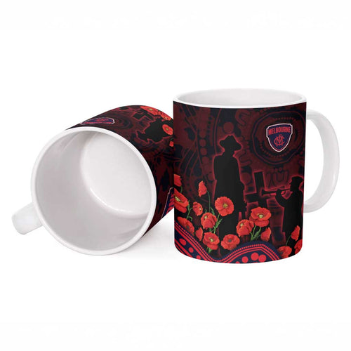 Melbourne Demons ANZAC Day Ceramic Mug Indigenous Dot Art with Poppy Flower Tribute