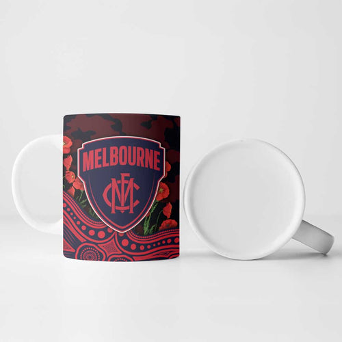 Melbourne Demons ANZAC Day Ceramic Mug Indigenous Dot Art with Poppy Flower Tribute