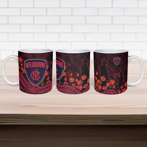 Melbourne Demons ANZAC Day Ceramic Mug Indigenous Dot Art with Poppy Flower Tribute