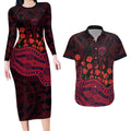 Melbourne Demons ANZAC Day Couples Matching Long Sleeve Bodycon Dress and Hawaiian Shirt Indigenous Dot Art with Poppy Flower Tribute