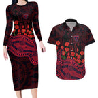 Melbourne Demons ANZAC Day Couples Matching Long Sleeve Bodycon Dress and Hawaiian Shirt Indigenous Dot Art with Poppy Flower Tribute