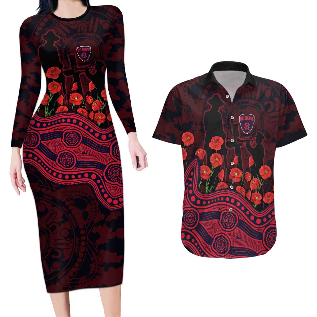 Melbourne Demons ANZAC Day Couples Matching Long Sleeve Bodycon Dress and Hawaiian Shirt Indigenous Dot Art with Poppy Flower Tribute
