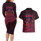 Melbourne Demons ANZAC Day Couples Matching Long Sleeve Bodycon Dress and Hawaiian Shirt Indigenous Dot Art with Poppy Flower Tribute
