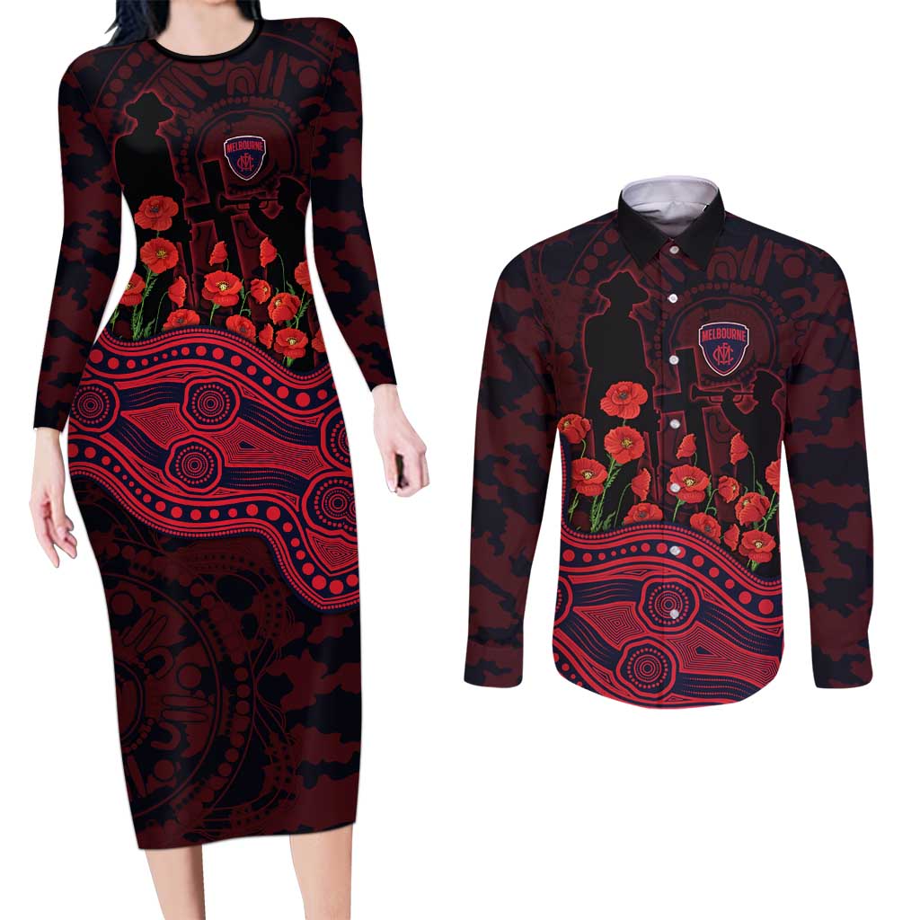 Melbourne Demons ANZAC Day Couples Matching Long Sleeve Bodycon Dress and Long Sleeve Button Shirt Indigenous Dot Art with Poppy Flower Tribute