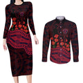 Melbourne Demons ANZAC Day Couples Matching Long Sleeve Bodycon Dress and Long Sleeve Button Shirt Indigenous Dot Art with Poppy Flower Tribute