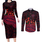 Melbourne Demons ANZAC Day Couples Matching Long Sleeve Bodycon Dress and Long Sleeve Button Shirt Indigenous Dot Art with Poppy Flower Tribute