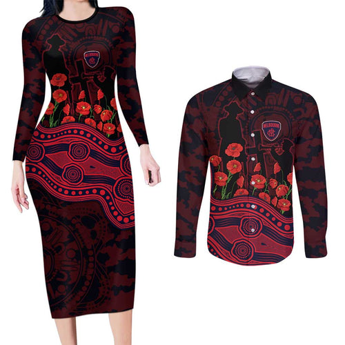 Melbourne Demons ANZAC Day Couples Matching Long Sleeve Bodycon Dress and Long Sleeve Button Shirt Indigenous Dot Art with Poppy Flower Tribute