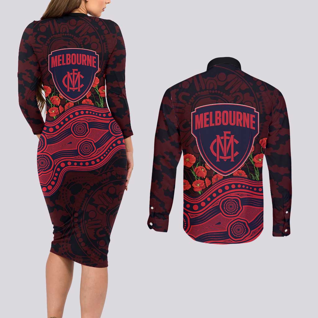 Melbourne Demons ANZAC Day Couples Matching Long Sleeve Bodycon Dress and Long Sleeve Button Shirt Indigenous Dot Art with Poppy Flower Tribute