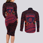Melbourne Demons ANZAC Day Couples Matching Long Sleeve Bodycon Dress and Long Sleeve Button Shirt Indigenous Dot Art with Poppy Flower Tribute
