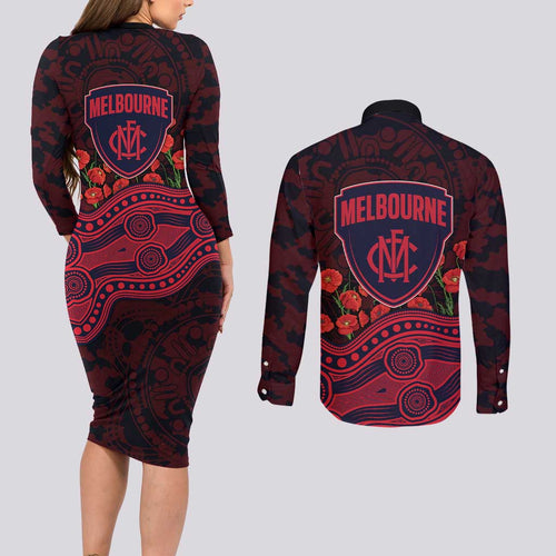 Melbourne Demons ANZAC Day Couples Matching Long Sleeve Bodycon Dress and Long Sleeve Button Shirt Indigenous Dot Art with Poppy Flower Tribute
