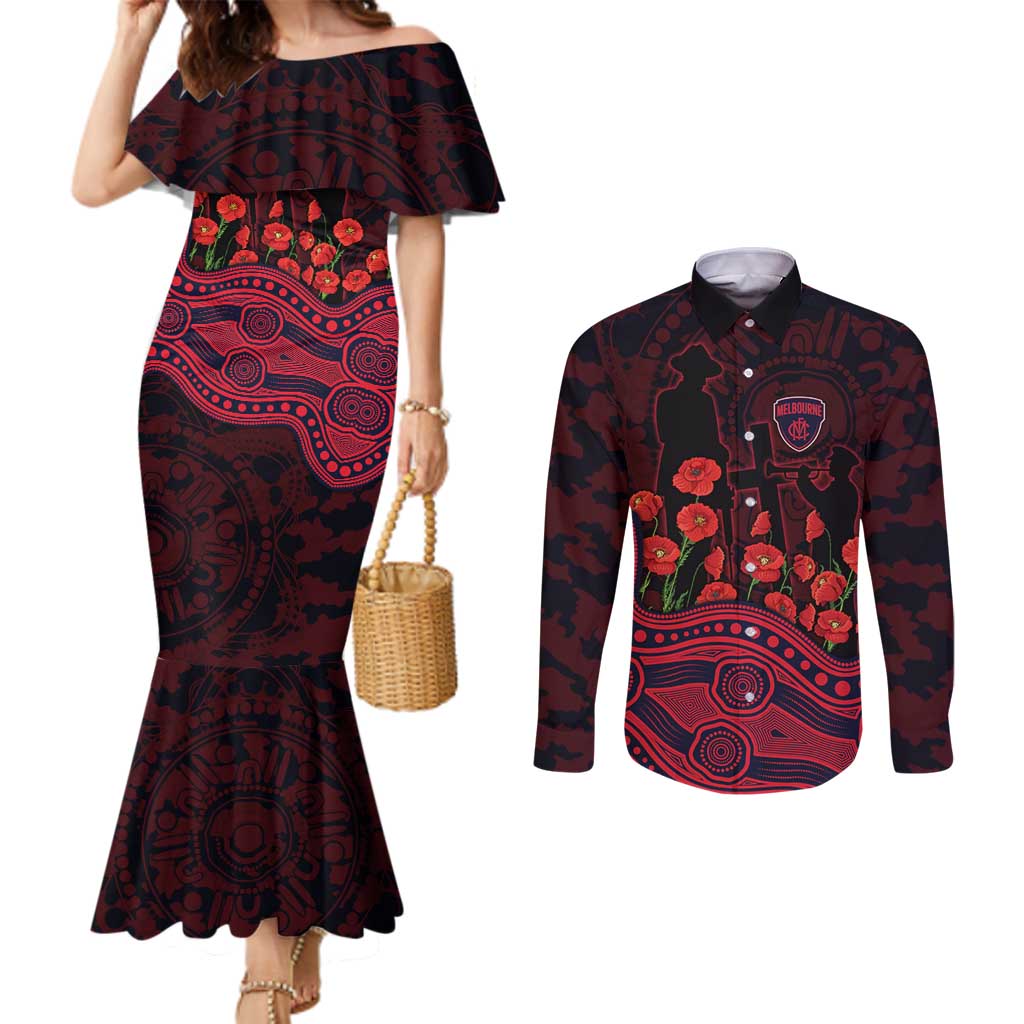 Melbourne Demons ANZAC Day Couples Matching Mermaid Dress and Long Sleeve Button Shirt Indigenous Dot Art with Poppy Flower Tribute