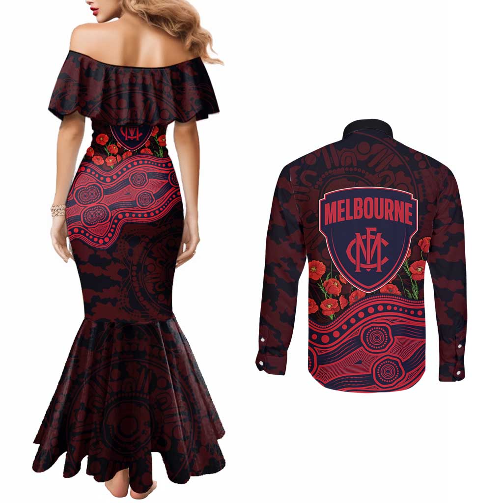 Melbourne Demons ANZAC Day Couples Matching Mermaid Dress and Long Sleeve Button Shirt Indigenous Dot Art with Poppy Flower Tribute