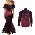 Melbourne Demons ANZAC Day Couples Matching Mermaid Dress and Long Sleeve Button Shirt Indigenous Dot Art with Poppy Flower Tribute