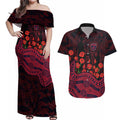 Melbourne Demons ANZAC Day Couples Matching Off Shoulder Maxi Dress and Hawaiian Shirt Indigenous Dot Art with Poppy Flower Tribute