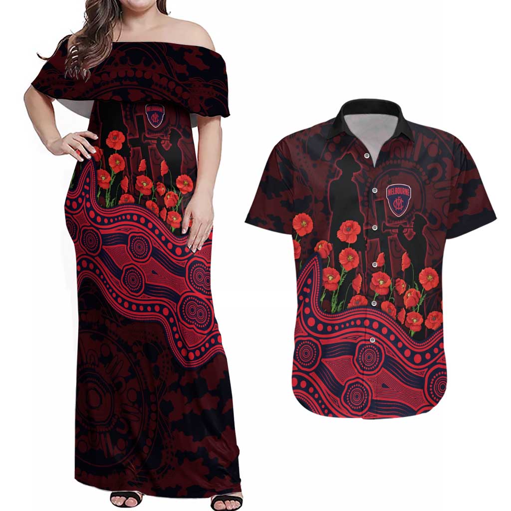 Melbourne Demons ANZAC Day Couples Matching Off Shoulder Maxi Dress and Hawaiian Shirt Indigenous Dot Art with Poppy Flower Tribute